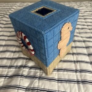 TISSUE BOX COVER Beach Coastal Blue Flip Flops Shells Plastic Canvas